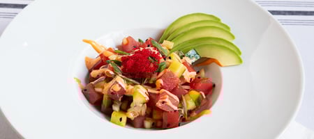 Ahi Tuna Poke with Cucumbers, Avocado and Spicy Tobiko Mayo