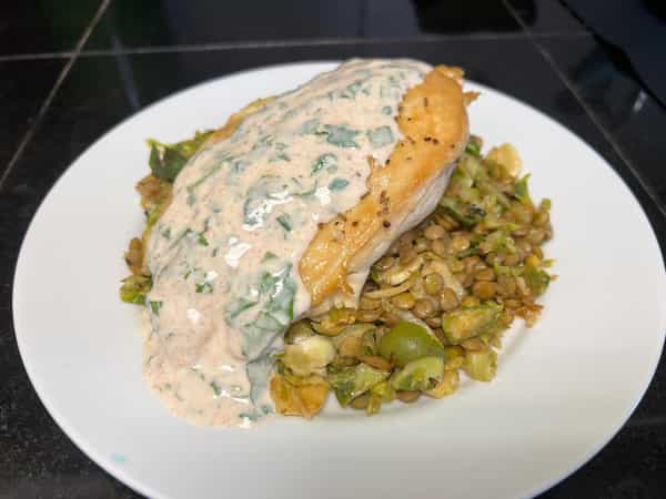 Chicken with Brussels sprouts lentil salad